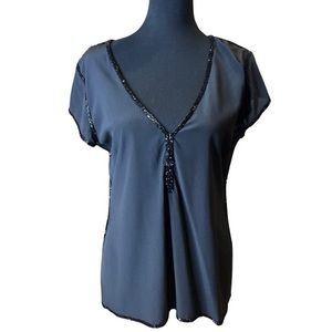 Calypso St. Barth’s Beaded Black Silk V-Neck Cap Sleeve Too